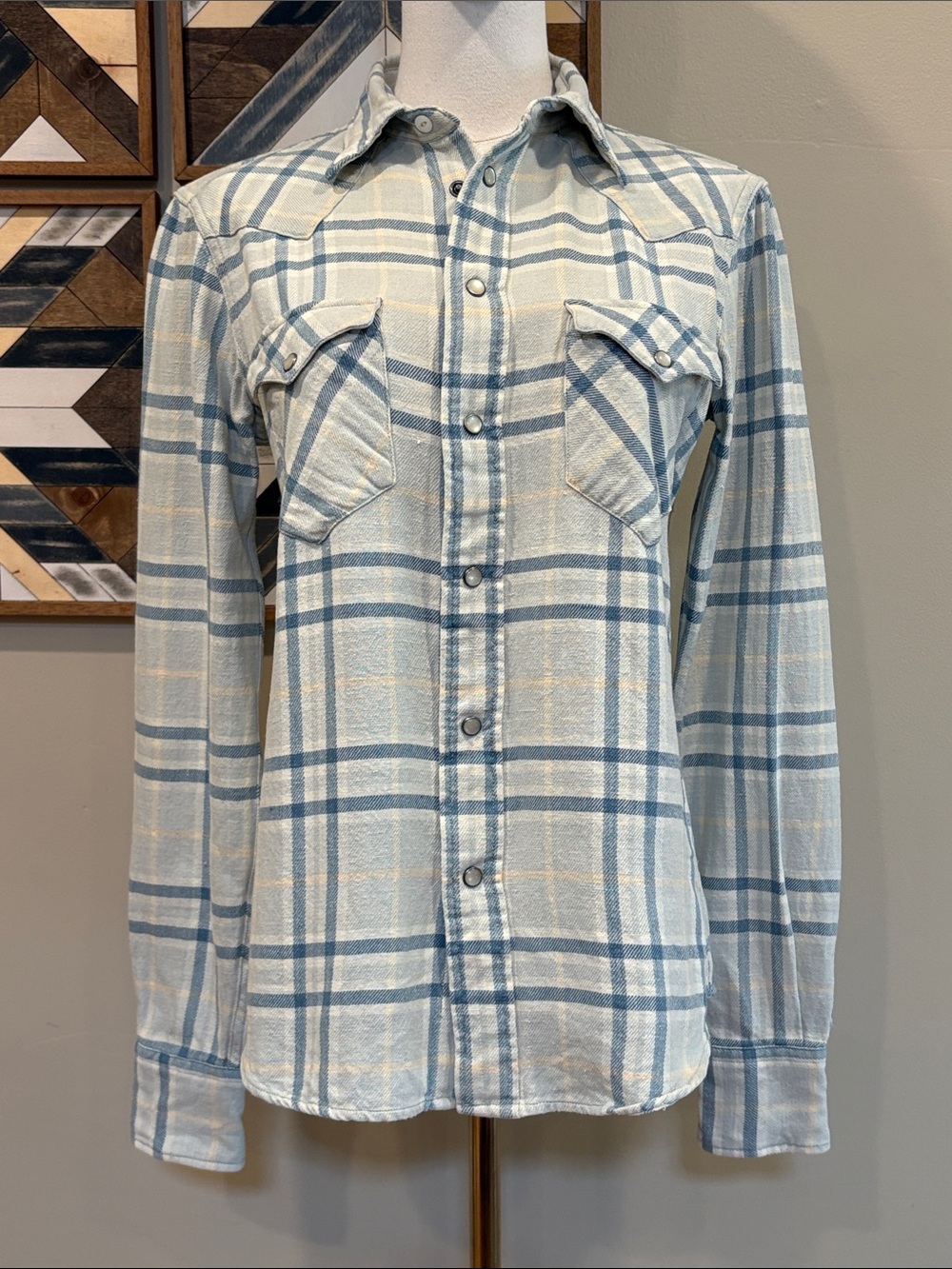 Ralph Lauren Double RL RRL Blue & Cream Plaid Pearl Snap-Front Western Top sz 2